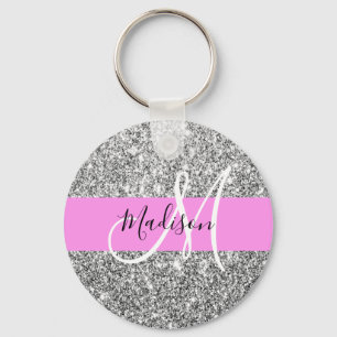 Porte-clés Glam Pink & Silver Glitter Sparkles Monogram Name