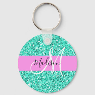 Porte-clés Glam Pink Turquoise Glitter Sparkles Monogram Name