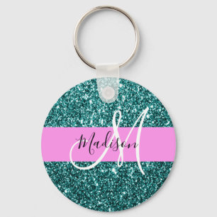 Porte-clés Glam Pink Turquoise Parties scintillant verte Nom 