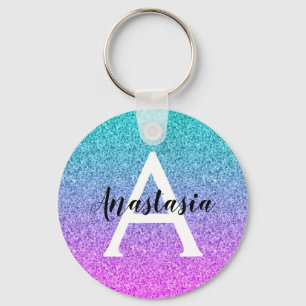 Porte-clés Glam Purple Aqua Glitter Sparkle Gradient Monogram