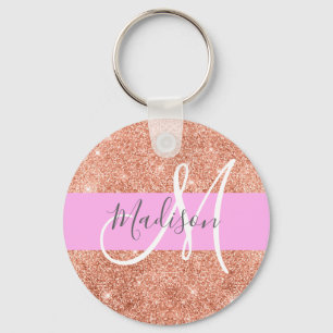 Porte-clés Glamour Féminin Rose Pêche Or Paillettes Monogramm