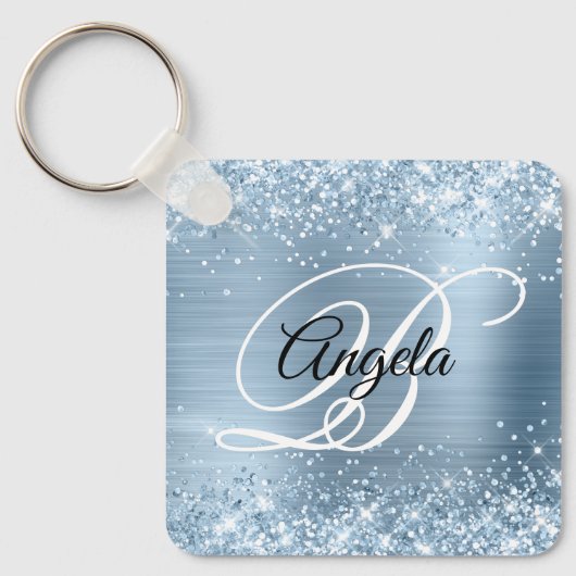Porte-clés Glitter Bleu clair Foil Fancy Monogramme (Recto)
