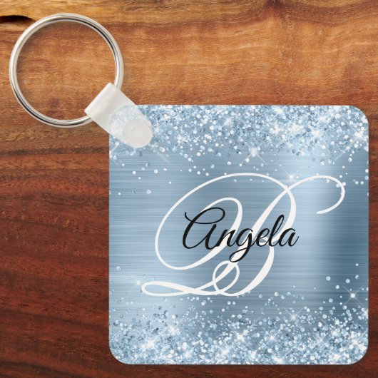 Porte-clés Glitter Bleu clair Foil Fancy Monogramme (Recto)