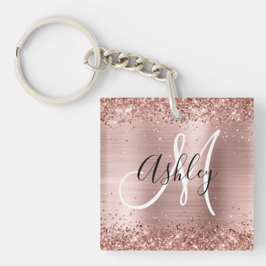 Porte-clés Glitter Rose or huile noir et blanc Monogramme (Devant)