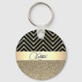 Porte-clés Glittery Gold et Black Chevron Personnalisé (Recto)