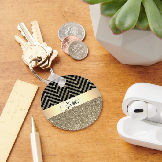Porte-clés Glittery Gold et Black Chevron Personnalisé (Bureau)