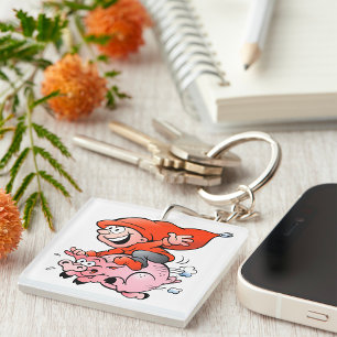 Porte-clés Gnome de dessin animé drôle chevauchant un cochon