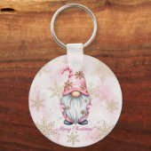 Porte-clés Gnome de Noël rose flocons d'or (Recto)