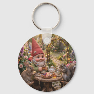 Porte-clés Gnome prenant le thé avec un lapin et un écureuil