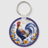 Porte-clés Gold Floral Blue Rooster Farmhouse (Recto)