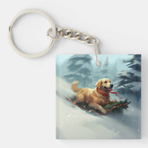 Porte-clés Golden Retriers Noël neige hiver