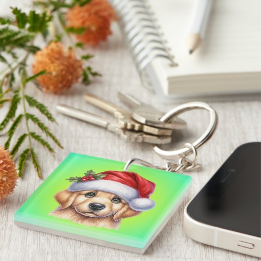 Porte-clés Golden Retriever Chien avec le Père Noël Style-825 (Devant Droit)