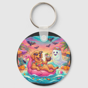 Porte-clés Golden Retriever Flottant sur un Flamant Rose Hall
