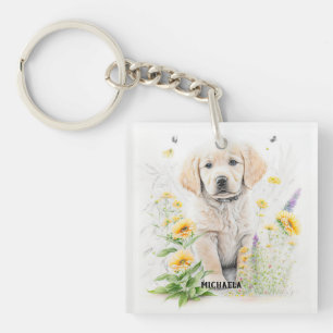Porte-clés Golden Retriever Puppy et fleurons nom monogramme