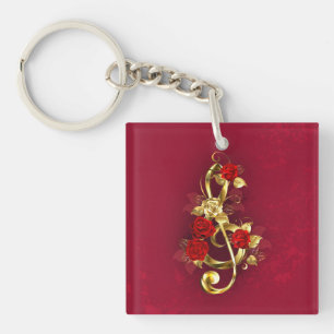 Porte-clés Golden Treble Clef avec fleurs Roses