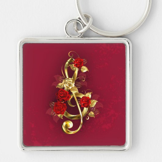 Porte-clés Golden Treble Clef avec fleurs Roses (Devant)