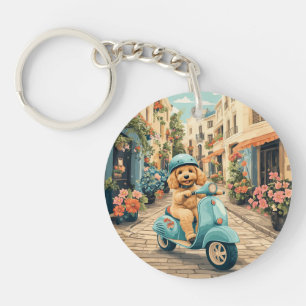 Porte-clés Goldendoodle Chien Conduisant Trottinette Rues Eur