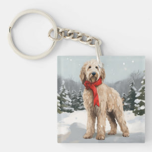Porte-clés Goldendoodle dans la neige à Noël