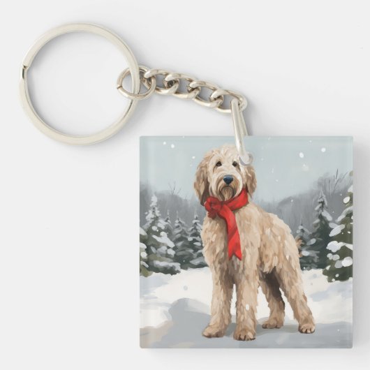 Porte-clés Goldendoodle dans la neige à Noël (Devant)