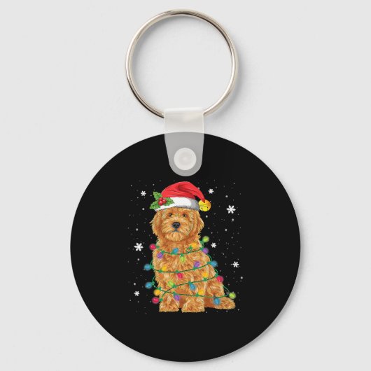 Porte-clés Goldendoodle Noël Santa Hat Fairy Lumières (Recto)