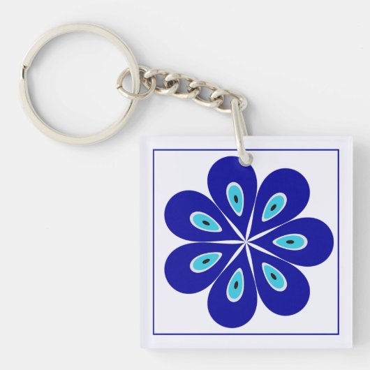 Porte-clés Good Vibes customisé, Amulet de l'oeil floral bleu (Devant)