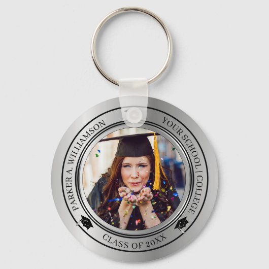 Porte-clés Graduation Photo Silver Tone Grad Classe Casquette (Recto)