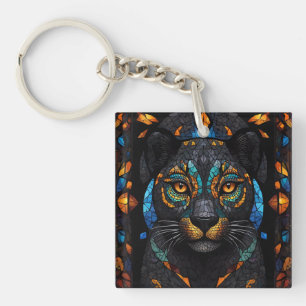 Porte-clés Grand Chat noir Mosaïque coloré effet de verre