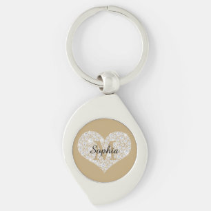 Porte-clés Grand Cœur en Diamant, Monogramme en Or, Nom en Sc