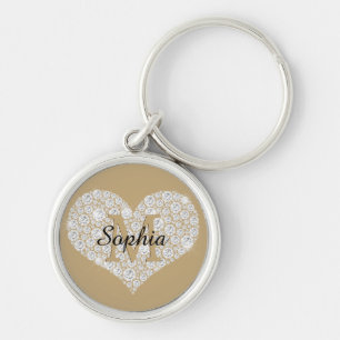 Porte-clés Grand Cœur en Diamant, Monogramme en Or, Nom en Sc