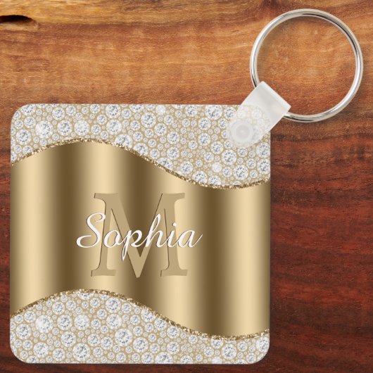 Porte-clés Grand Monogramme d'or, Nom de script blanc, Diaman (Verso)
