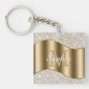 Porte-clés Grand Monogramme Doré, Nom en Écriture Blanche, Di