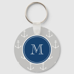 Porte-clés Gray White Anchors Pattern, Navy Blue Monogram