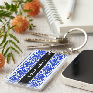 Porte-clés Grec Fret Arabesque Bleu, Votre Nom, Personnaliser