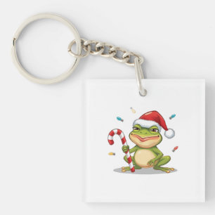 Porte-clés Grenouille de Noël mignonne avec canne à sucre - V