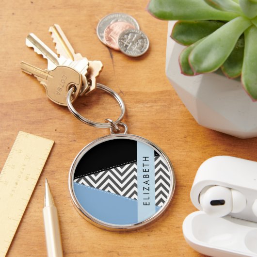 Porte-clés Grey Zigzag, Grey Chevron, Bleu, Votre Nom (Bureau)