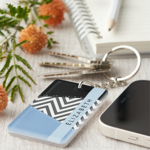 Porte-clés Grey Zigzag, Grey Chevron, Bleu, Votre Nom