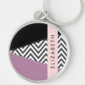 Porte-clés Grey Zigzag, Grey Chevron, Purple, Votre Nom (Devant)