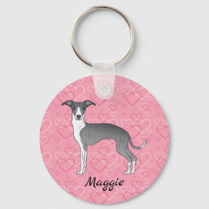 Porte-clés Greyhound Italien Bleu Et Blanc Sur Coeurs Rose