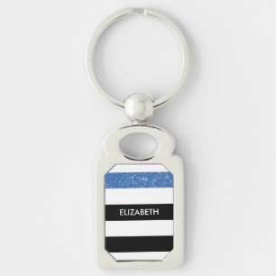 Porte-clés Grilles noires modernes FAUX Blue Glitz et nom
