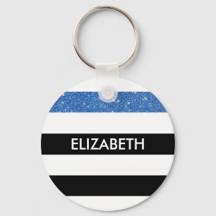 Porte-clés Grilles noires modernes FAUX Blue Glitz et nom
