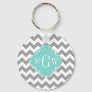 Porte-clés Gris Blanc Chevron Aqua Quatrefeuille 3 Monogramme