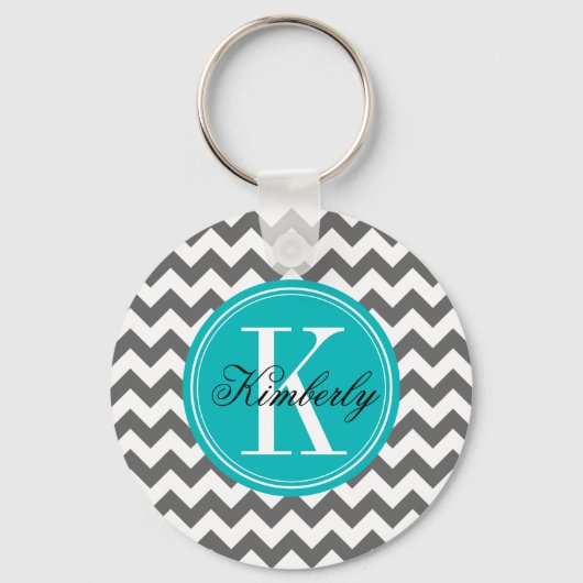 Porte-clés Gris Chevron avec Monogramme Turquoise (Recto)