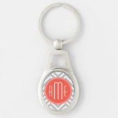 Porte-clés Gris Chevron et Monogramme Personnalisé Corail (Devant)