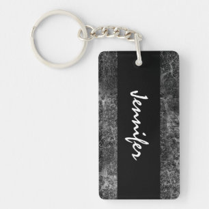 Porte-clés Gris foncé Grunge Damask Nom personnalisé Noir Bla