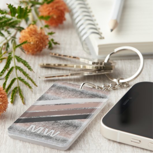 Porte-clés Gris Foncé Personnalisé Beige Brown Rayures rétro (Devant droit)