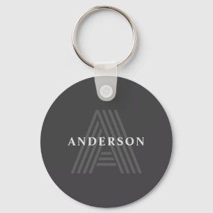 Porte-clés Gris foncé Rétro Moderne Monogramme Nom