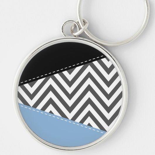 Porte-clés Gris Zigzag, Gris Chevron, Motif Zigzag, Bleu (Devant)
