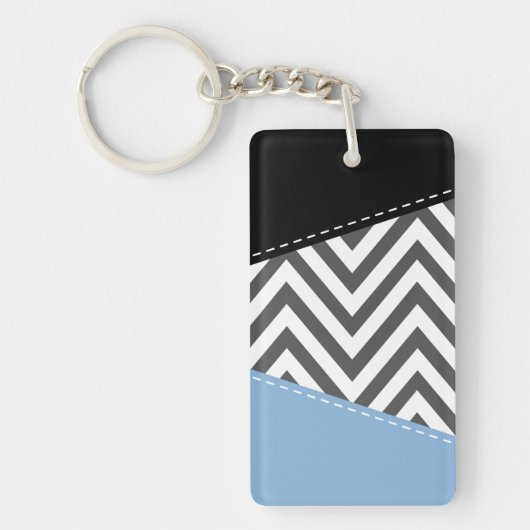 Porte-clés Gris Zigzag, Gris Chevron, Motif Zigzag, Bleu (Devant)