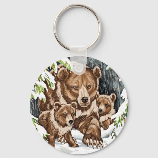 Porte-clés Grizzly Bear Mère et Cubs en hiver (Recto)