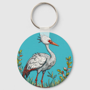 Porte-clés Grue cendrée Oiseau parmi les fleurs épanouies
